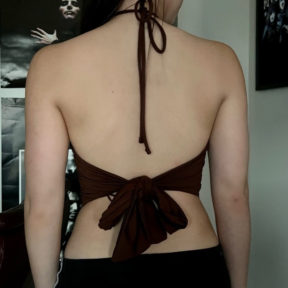 Brown Y2K Cropped Halter Cutout Top - Picture 2 of 2